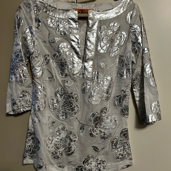 TORY BURCH White Silver METALLIC Tunic Top 4 - Picture 2 of 3
